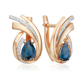 Серьги с английским замком из красного золота с сапфиром и бриллиантами