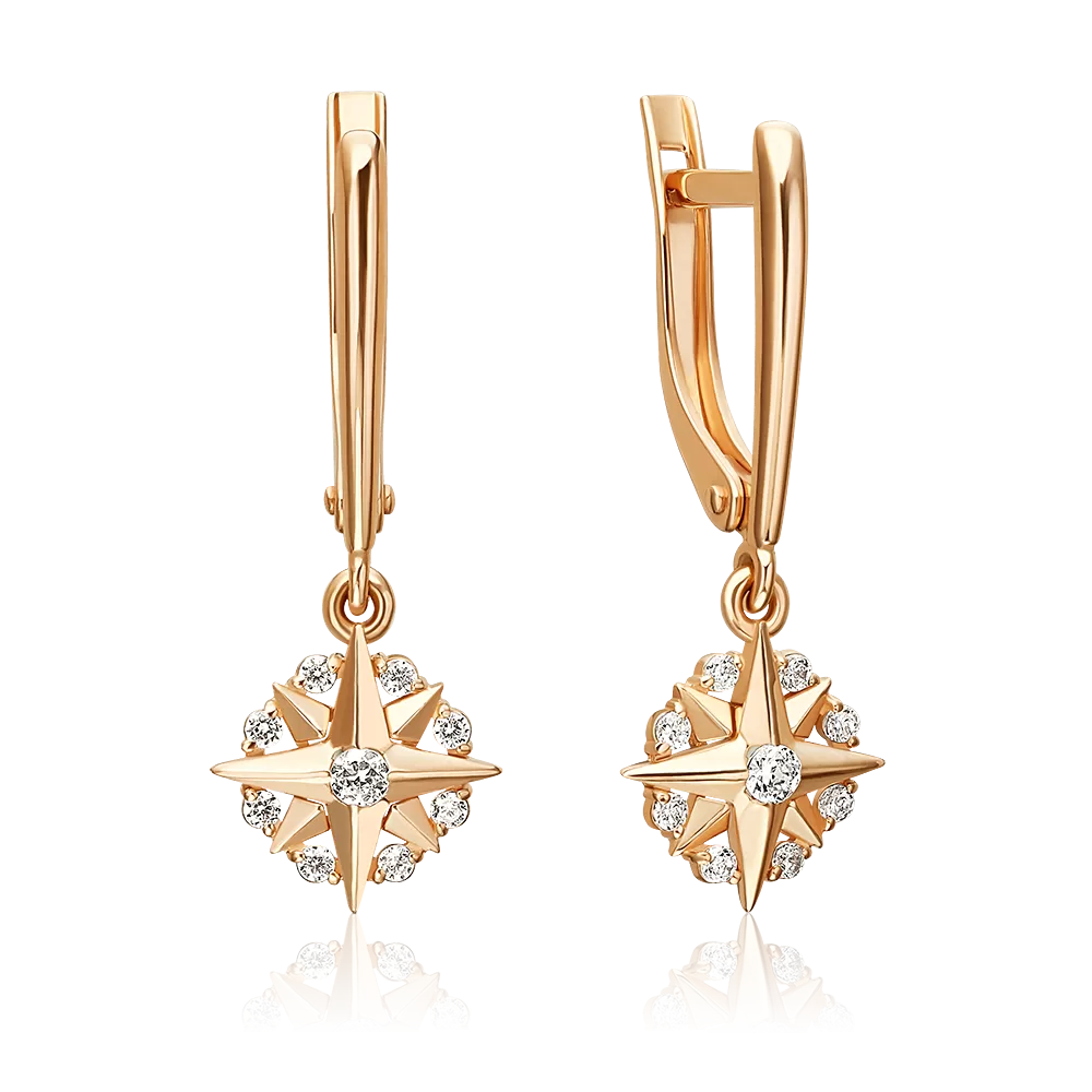 Серьги «Роза ветров» с английским замком из красного золота с фианитами 02-5598-00-401-1110