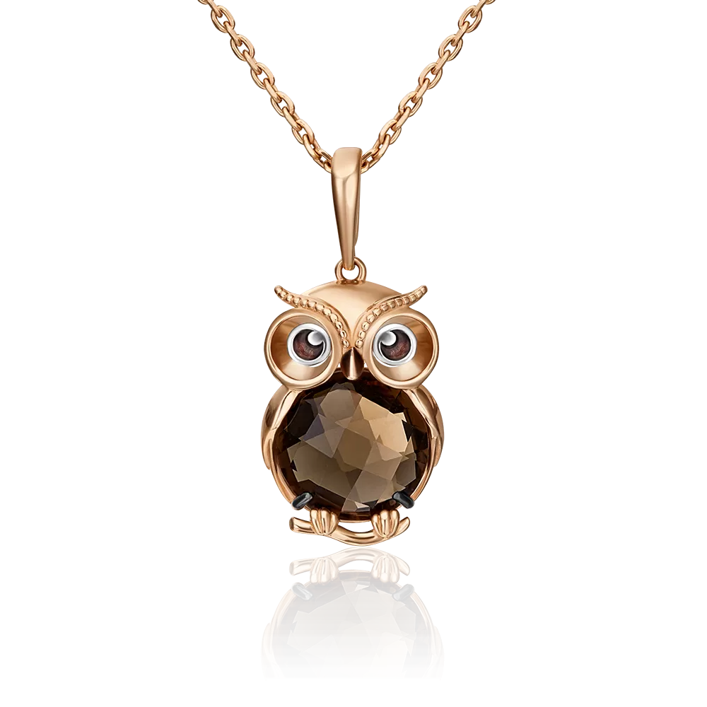 Подвеска «Сова» из комбинированного золота с кварцем дымчатым и эмалью 03-3008-00-202-1111-57