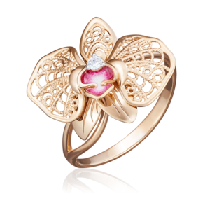 Кольцо «Орхидея» из красного золота с фианитом и эмалью 01-5039-00-401-1110-48