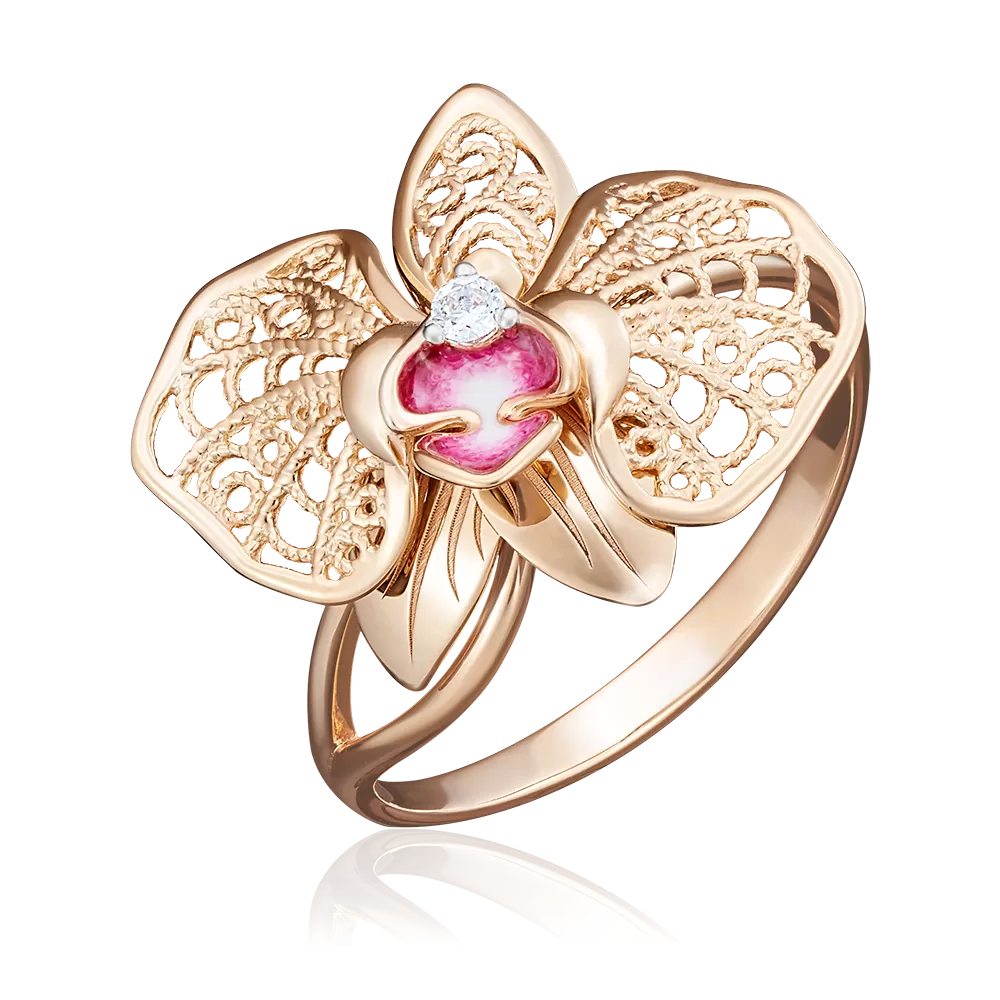 Кольцо «Орхидея» из красного золота с фианитом и эмалью 01-5039-00-401-1110-48