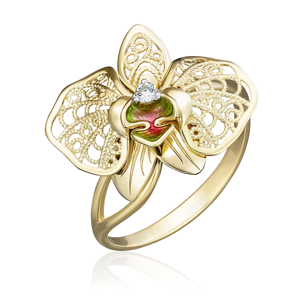 Кольцо «Орхидея» из лимонного золота с фианитом и эмалью 01-5039-00-401-1130-48