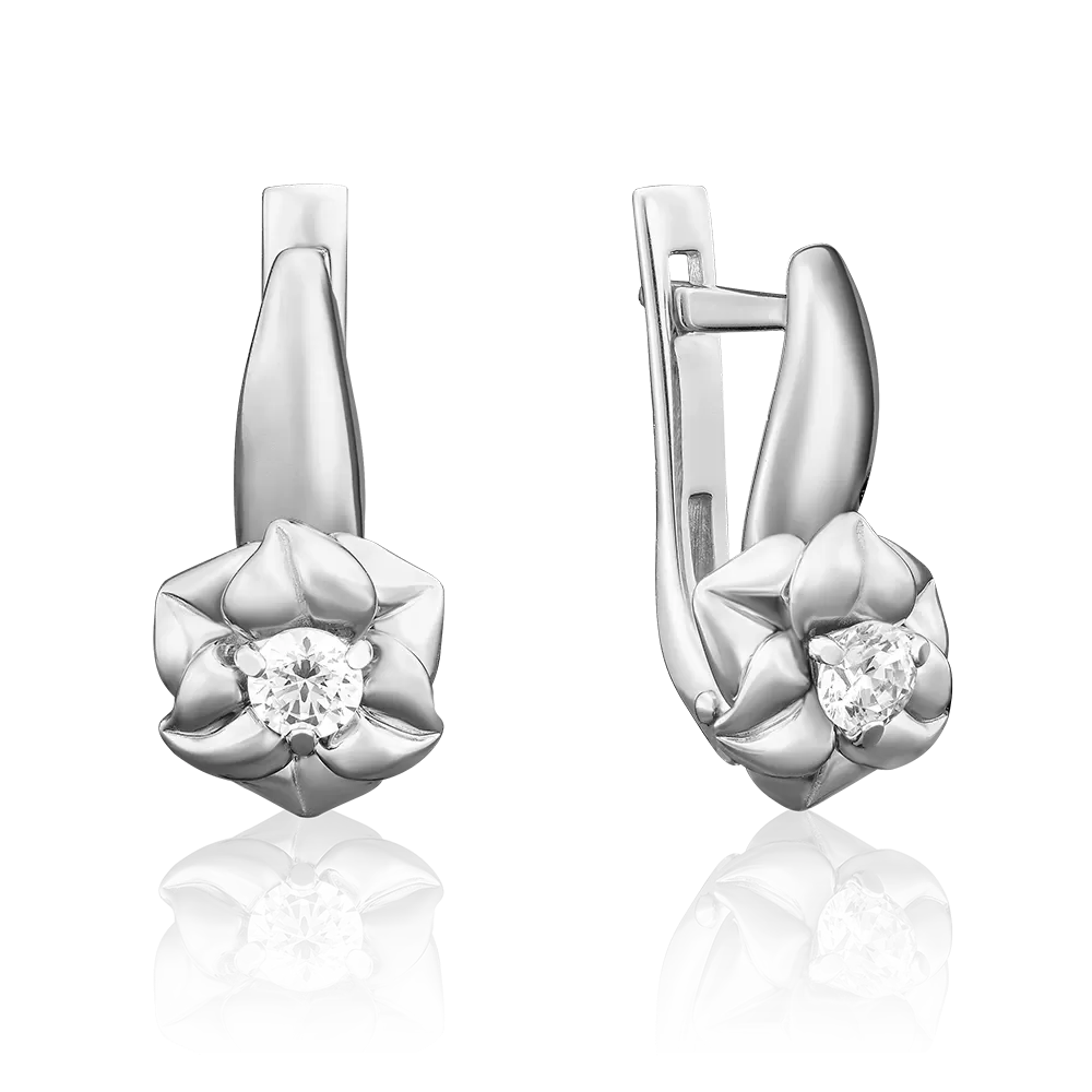 Серьги «Цветы» с английским замком из белого золота с бриллиантом 02-3940-00-101-1120-30