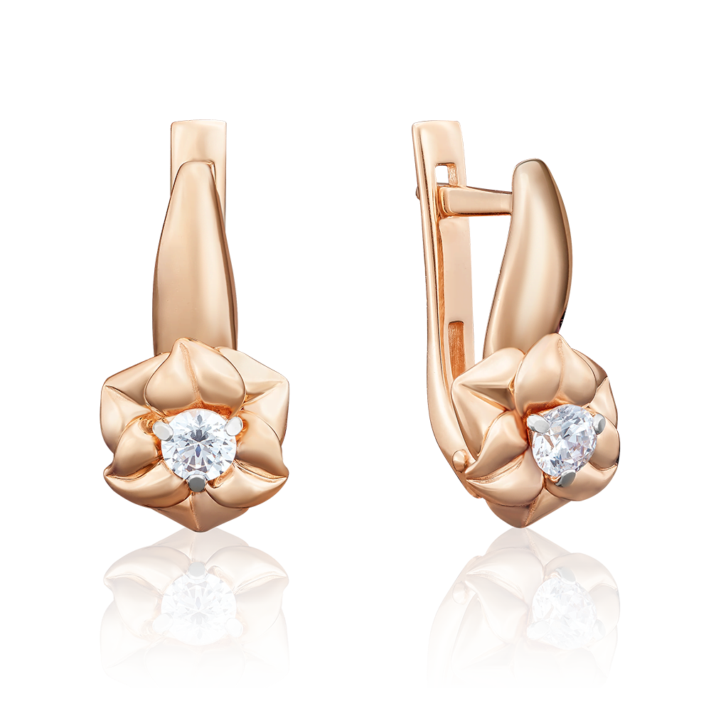 Серьги «Цветы» с английским замком из красного золота с фианитом 02-3940-00-501-1110-38