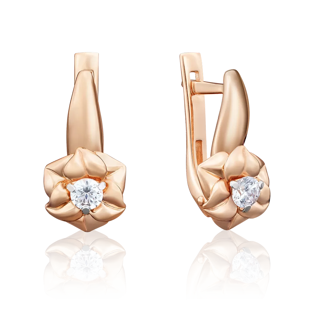 Серьги «Цветы» с английским замком из красного золота с фианитом 02-3940-00-501-1110-38