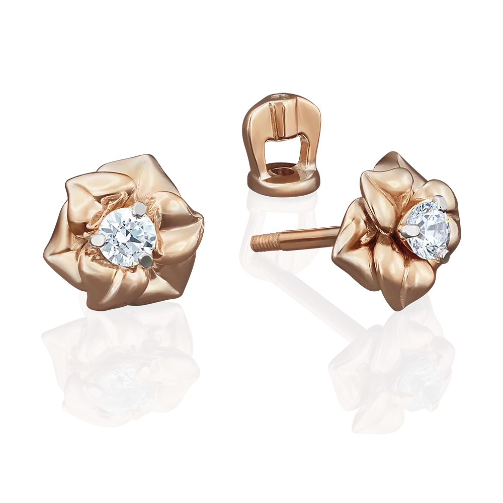 Серьги-пусеты «Цветы» из красного золота с фианитом 02-3941-00-501-1110-38