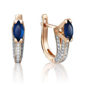 Серьги с английским замком из красного золота с сапфиром и бриллиантами