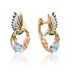 Серьги «Колибри» (пожелание любви) с английским замком из комбинированного золота с топазом и эмалью 02-4687-00-201-1111-76