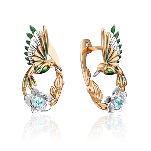 Серьги «Колибри» (пожелание любви) с английским замком из комбинированного золота с топазом и эмалью 02-4687-00-201-1111-76