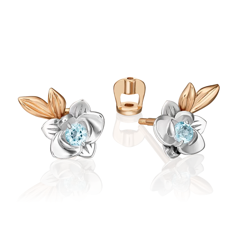 Серьги-пусеты «Орхидеи» (пожелание любви) из комбинированного золота с топазом 02-4706-00-201-1111-75