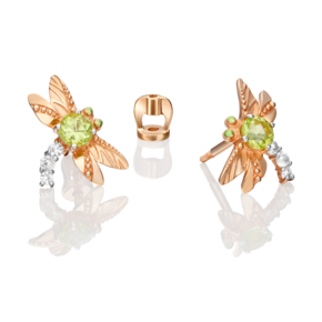 Серьги-пусеты «Стрекозы» из красного золота с хризолитом, натуральными топазами white и эмалью 02-4679-00-243-1110-57