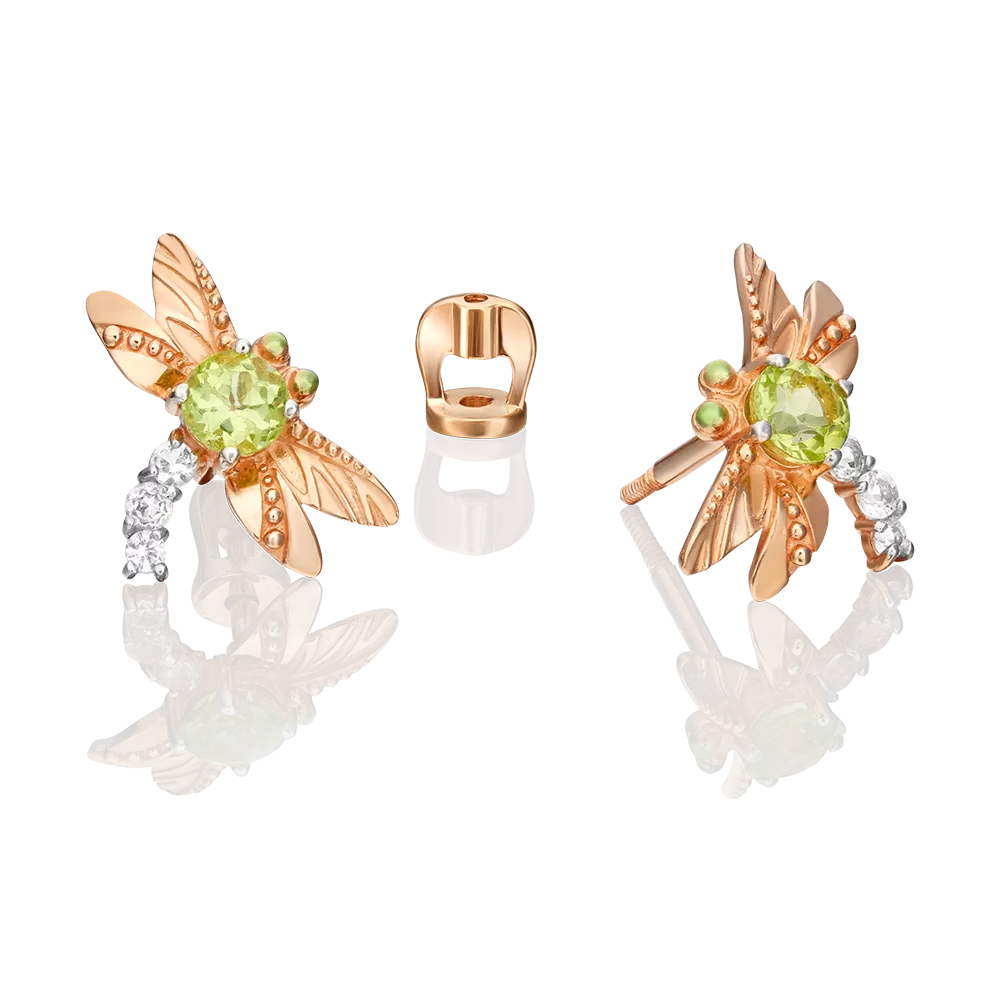 Серьги-пусеты «Стрекозы» из красного золота с хризолитом, натуральными топазами white и эмалью 02-4679-00-243-1110-57