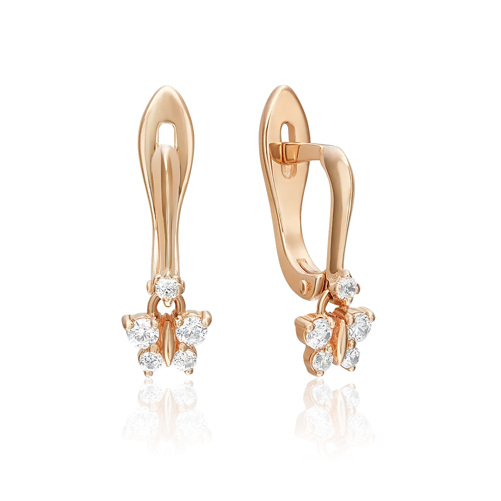 Детские серьги «Бабочки» с английским замком из красного золота с фианитами 02-3414-00-401-1110-03