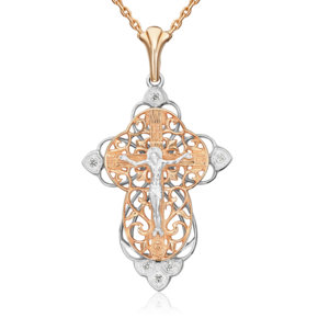 Православный крест из комбинированного золота с фианитами 03-1417-01-401-1111-03