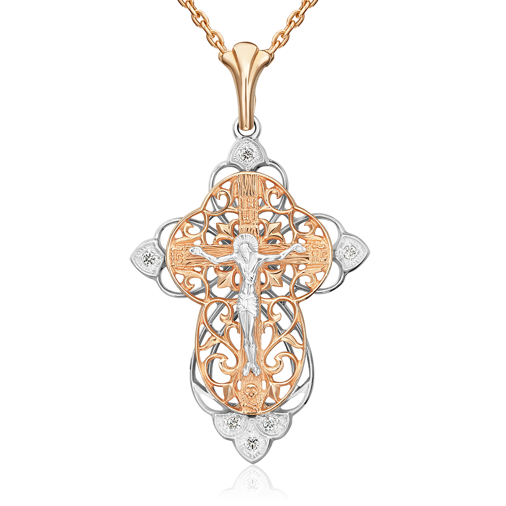 Православный крест из комбинированного золота с фианитами 03-1417-01-401-1111-03