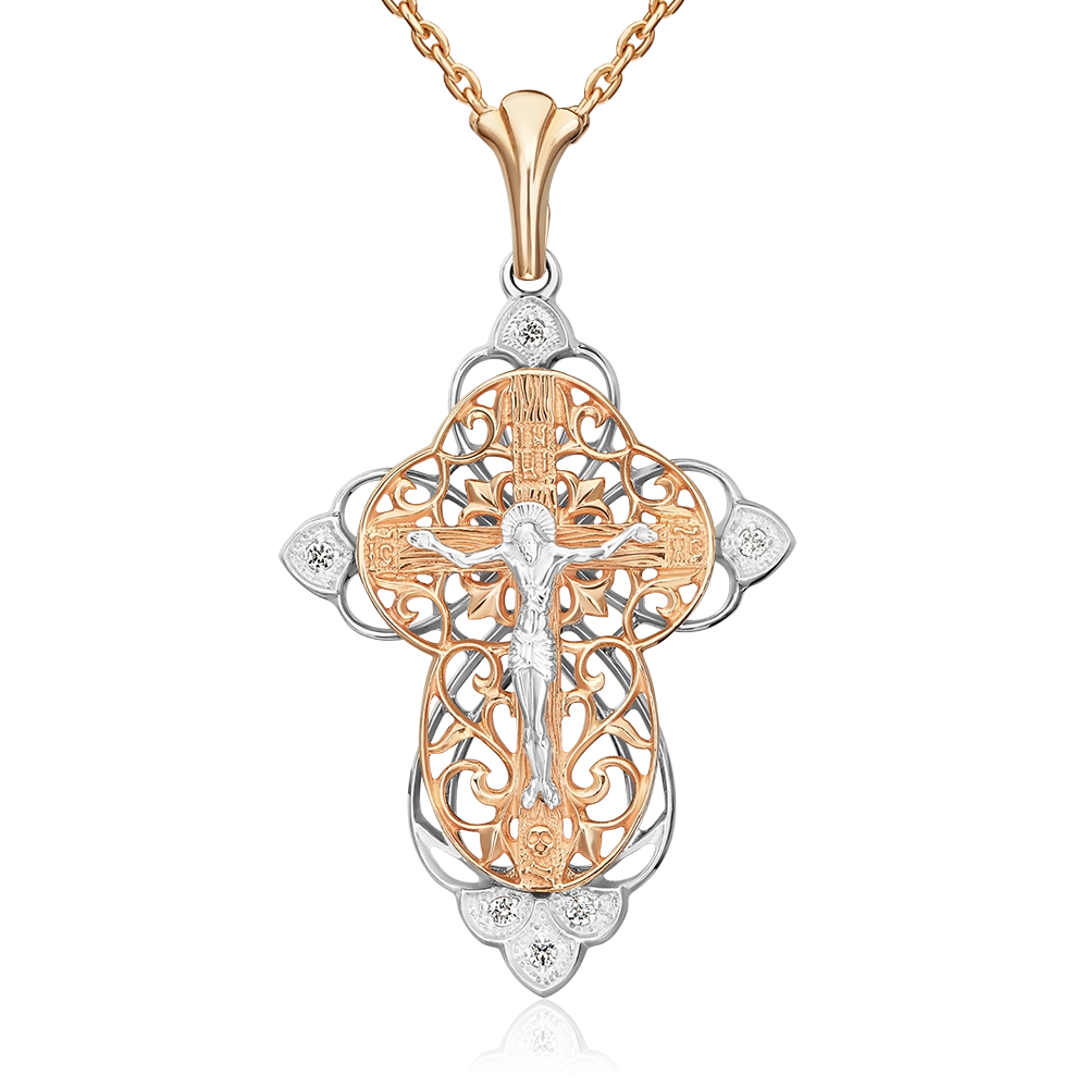 Православный крест из комбинированного золота с фианитами 03-1417-01-401-1111-03