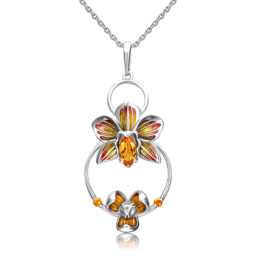 Подвеска «Орхидея» из серебра с цитринами и эмалью 03-3272-00-206-0200-68