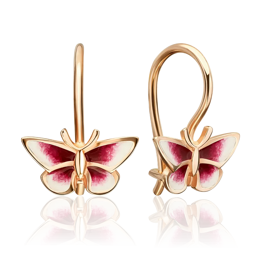 Детские серьги «Бабочки» с французским замком из красного золота с эмалью 02-3042-05-000-1110-25
