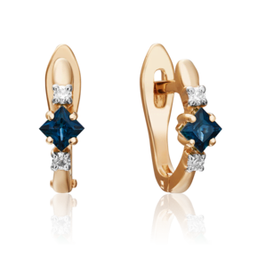 Серьги с английским замком из красного золота с сапфиром и бриллиантами