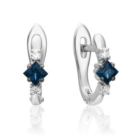 Серьги с английским замком из белого золота с сапфиром и бриллиантами