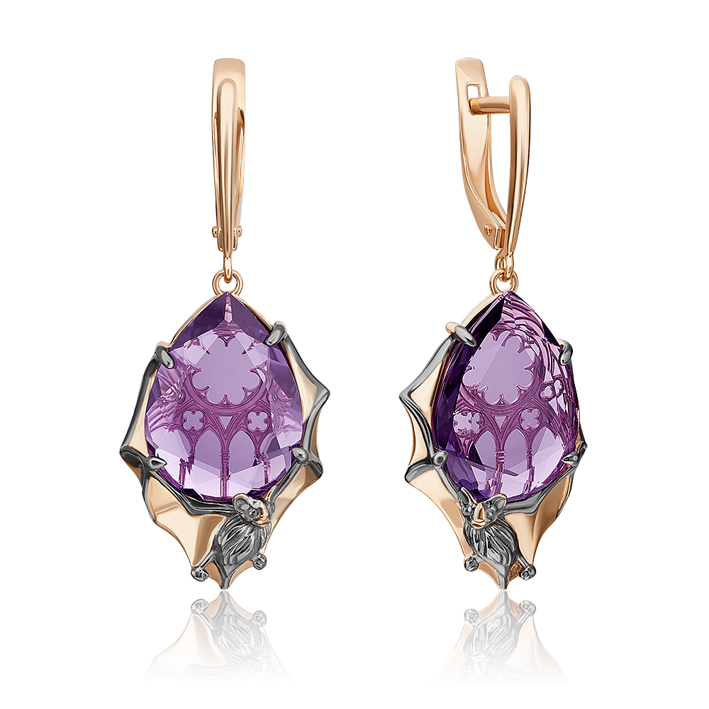 Серьги «Летучие мыши» с английским замком из красного золота с аметистом 02-4468-00-203-1110-46