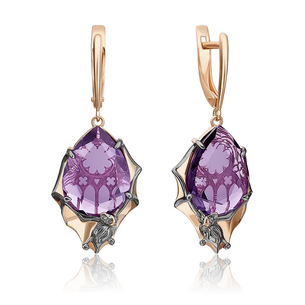 Серьги «Летучие мыши» с английским замком из красного золота с аметистом 02-4468-00-203-1110-46