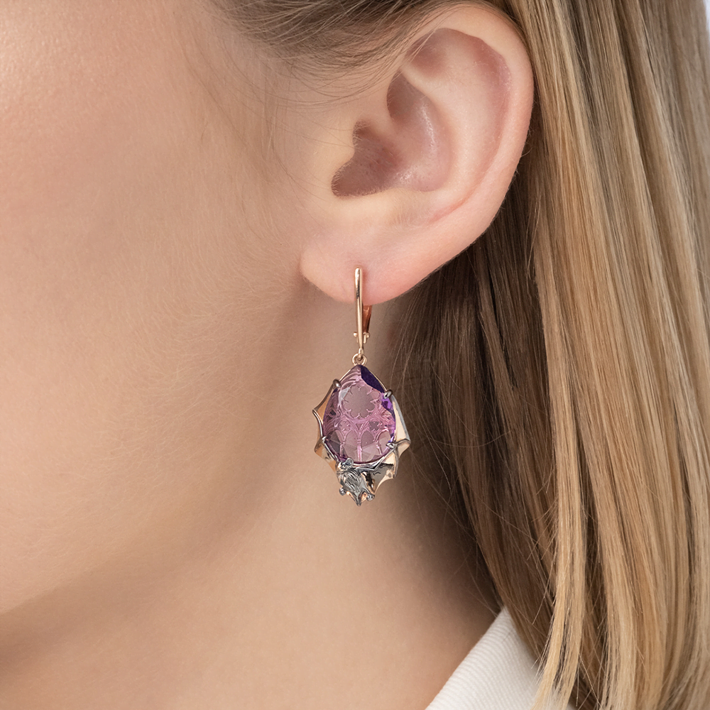 Серьги «Летучие мыши» с английским замком из красного золота с аметистом 02-4468-00-203-1110-46