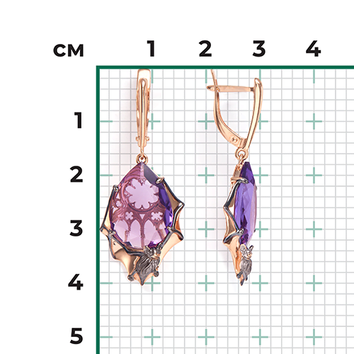 Серьги «Летучие мыши» с английским замком из красного золота с аметистом 02-4468-00-203-1110-46