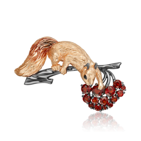 Брошь «Белка с рябиной» из комбинированного золота с гранатами и эмалью 04-0297-00-204-1111