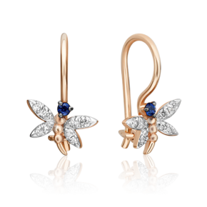 Детские серьги «Стрекозы» с французским замком из красного золота с фианитами 02-3562-00-404-1110-03