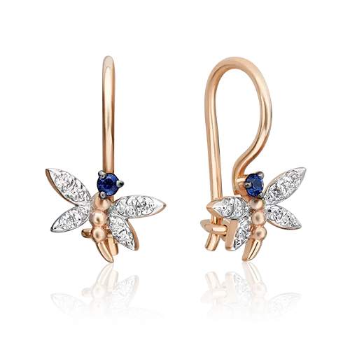 Детские серьги «Стрекозы» с французским замком из красного золота с фианитами 02-3562-00-404-1110-03