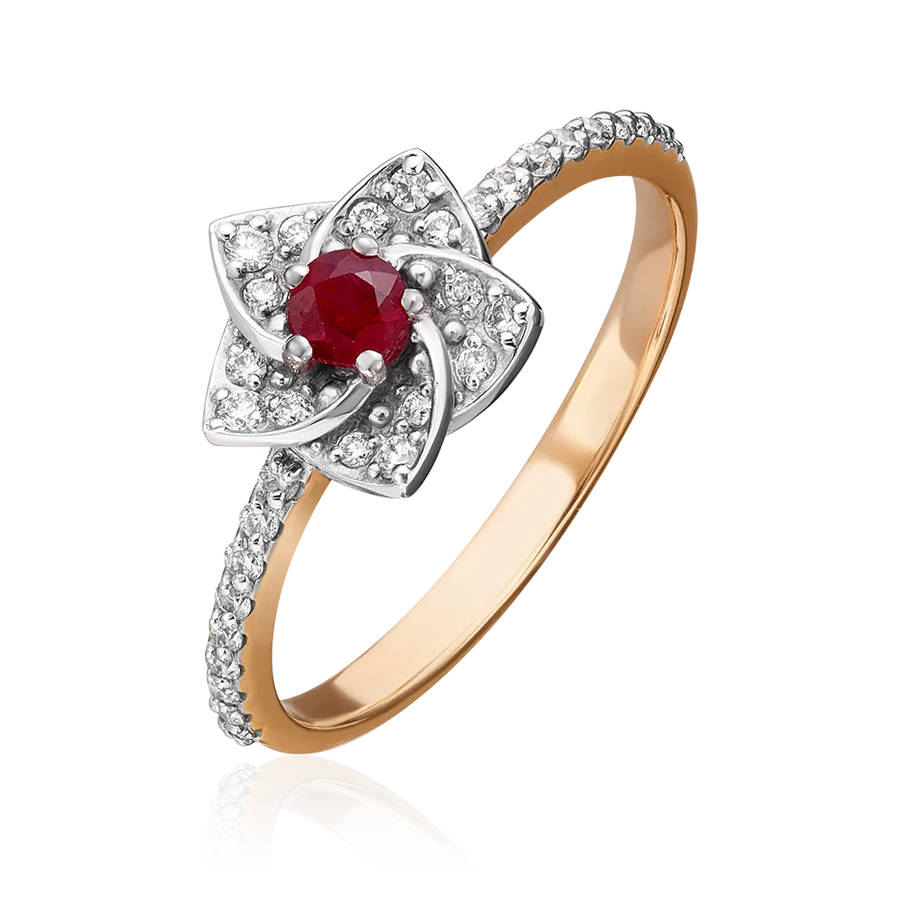 Кольцо «Цветок» из комбинированного золота с рубином и бриллиантами 01-1574-00-107-1111-30