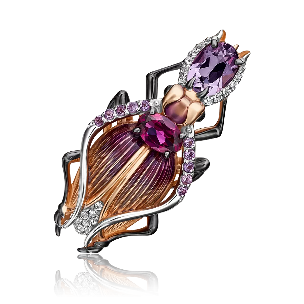 Брошь «Жук-скарабей» из красного золота с миксом камней и эмалью 04-0216-00-712-1110-57