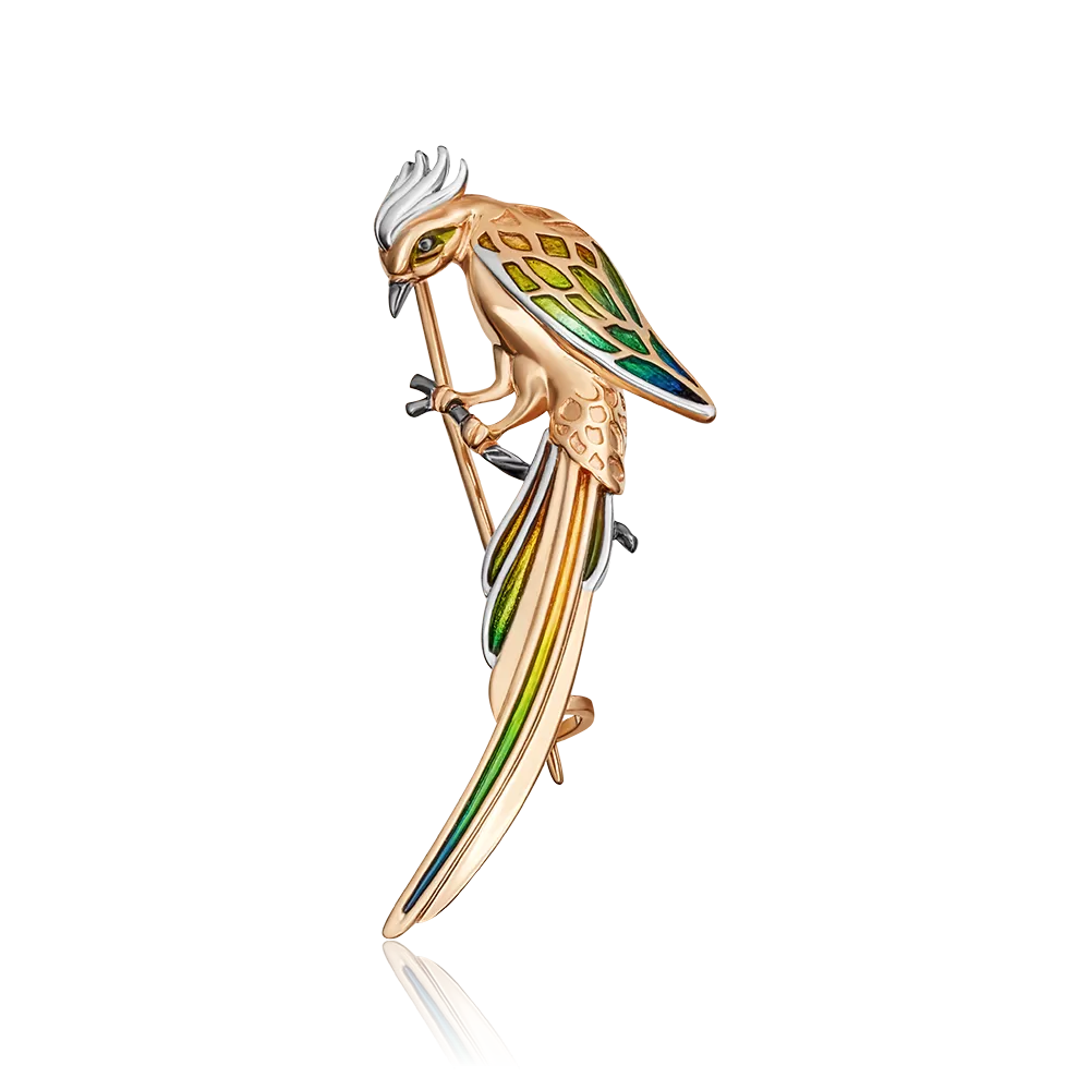 Брошь «Птица Квезаль» из красного золота с эмалью 04-0231-00-000-1110-48