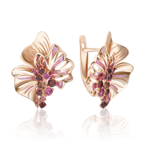 Серьги «Цветы» с английским замком из красного золота с гранатами, кварцем дымчатым и эмалью 02-4037-00-705-1110-57