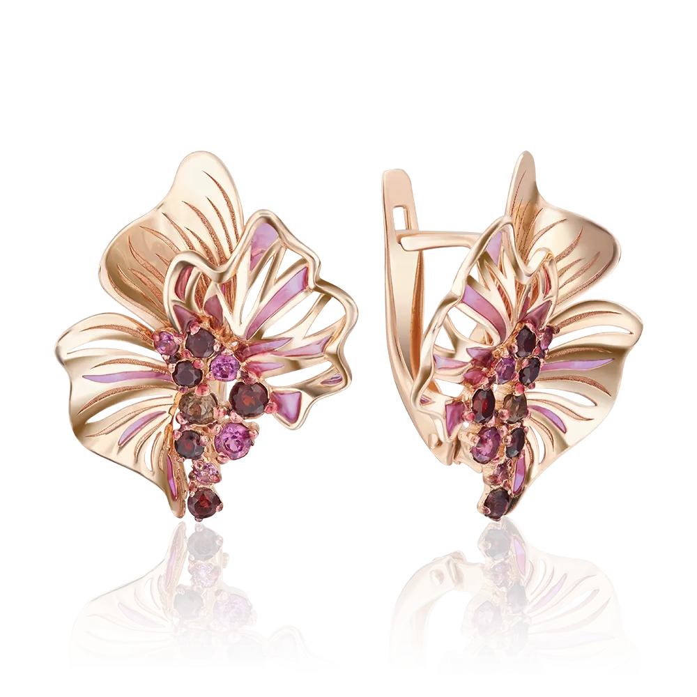 Серьги «Цветы» с английским замком из красного золота с гранатами, кварцем дымчатым и эмалью 02-4037-00-705-1110-57