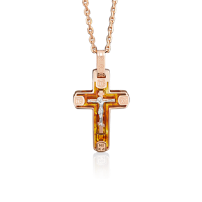 Православный крест из комбинированного золота с янтарём 03-2710-00-271-1111-46