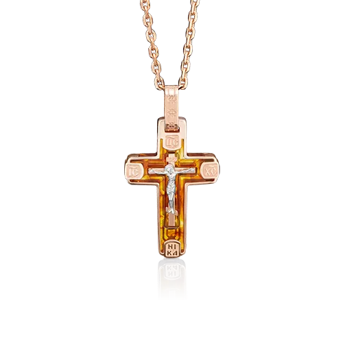 Православный крест из комбинированного золота с янтарём 03-2710-00-271-1111-46