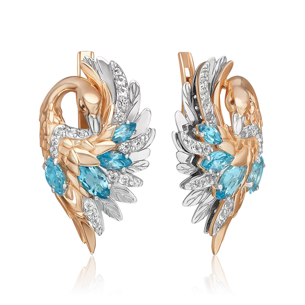 Серьги «Лебеди» с английским замком из комбинированного золота с топазами и натуральными топазами white 02-5300-00-201-1111