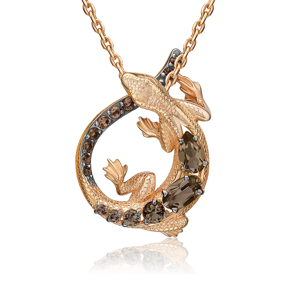 Подвеска «Ящерица» из красного золота с кварцем дымчатым 03-3493-00-202-1110
