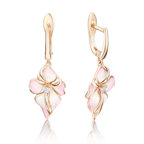 Серьги «Ирисы» с английским замком из красного золота с фианитами и эмалью