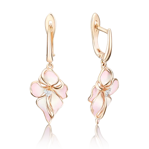 Серьги «Ирисы» с английским замком из красного золота с фианитами и эмалью 02-3596-00-401-1110-25