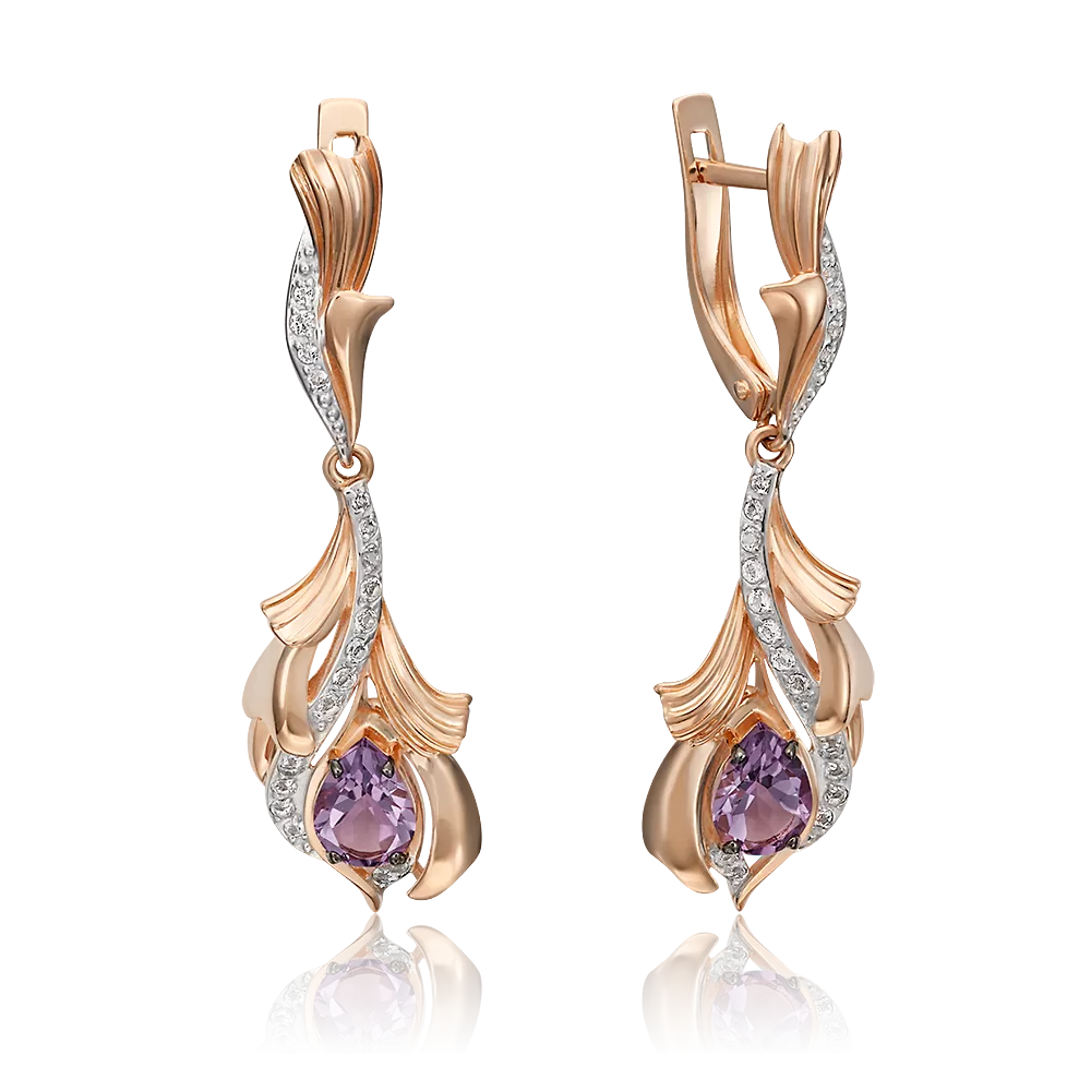 Серьги «Перья» с английским замком из красного золота с аметистом и натуральными топазами white 02-4546-00-225-1110-57