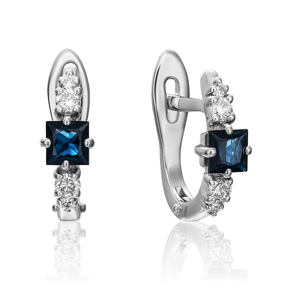 Серьги с английским замком из белого золота с сапфиром и бриллиантами 02-0888-00-105-1120-30