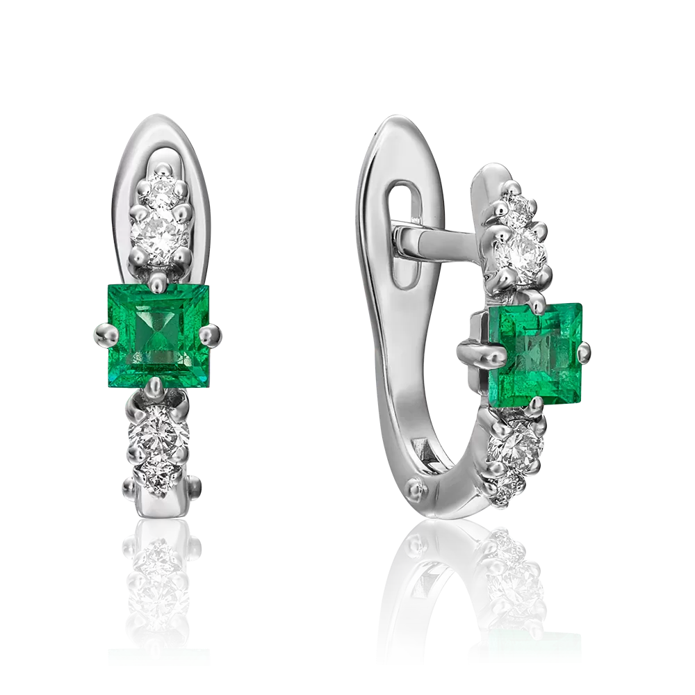 Серьги с английским замком из белого золота с изумрудом и бриллиантами 02-0888-00-106-1120-30