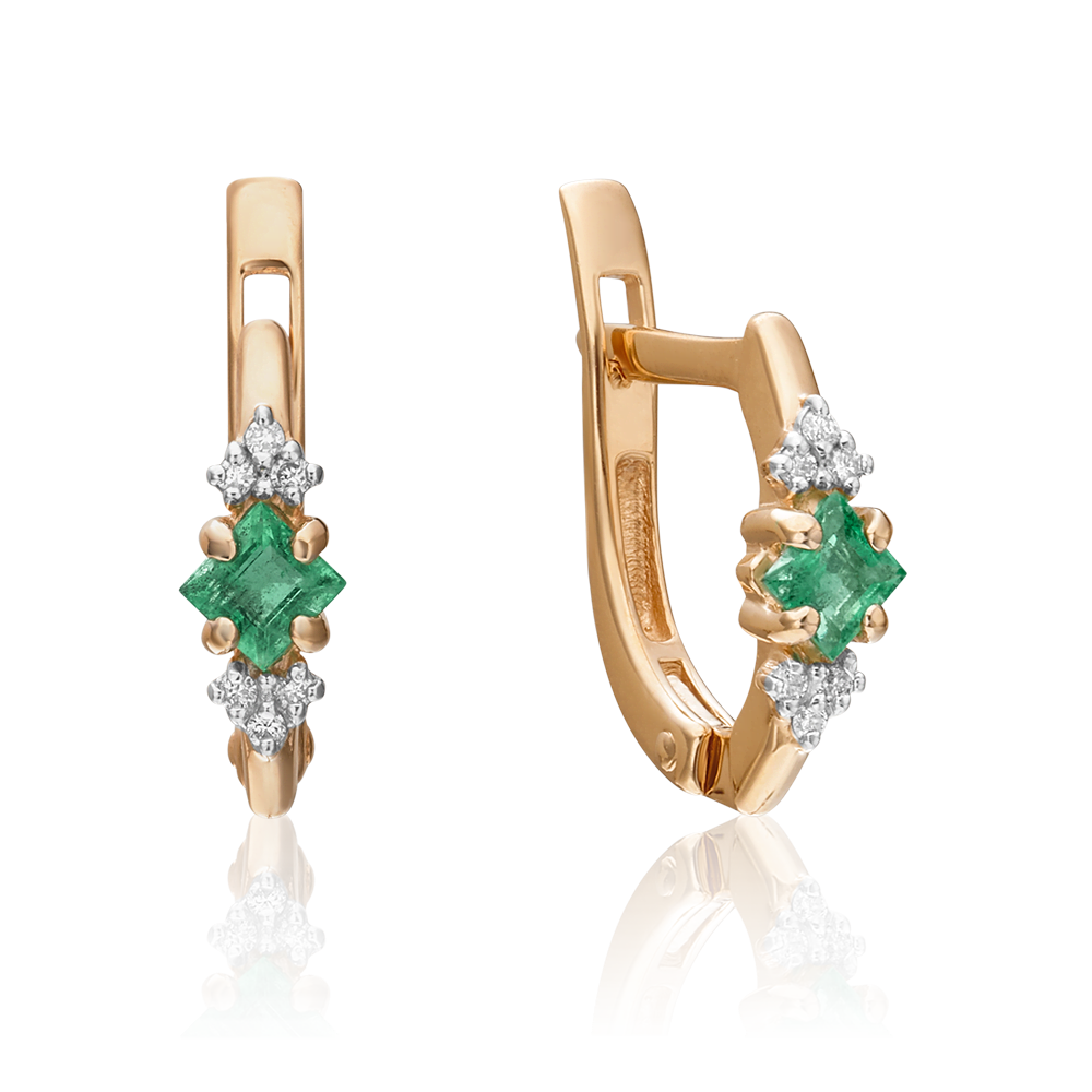 Серьги с английским замком из красного золота с изумрудом и бриллиантами 02-0890-00-106-1110-30