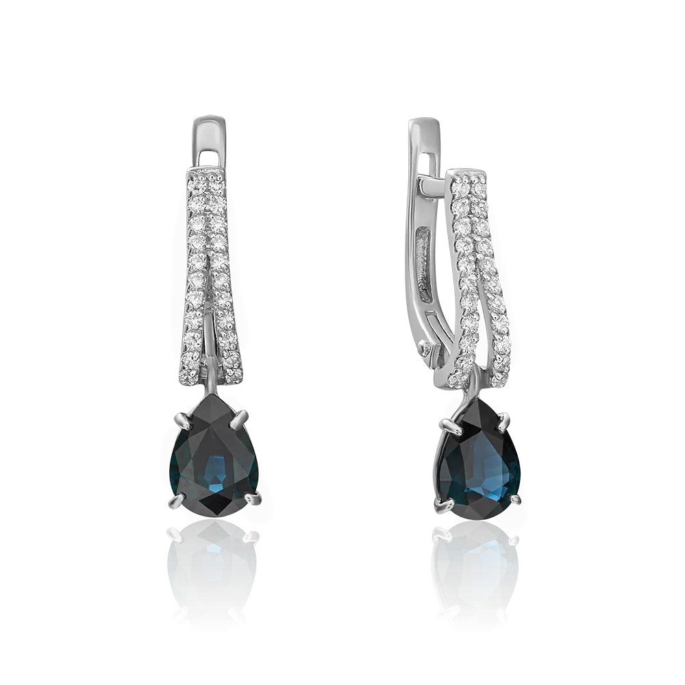 Серьги с английским замком из белого золота с сапфиром и бриллиантами 02-0892-00-105-1120-30