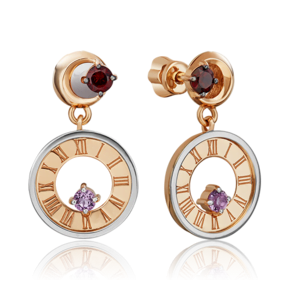 Серьги-пусеты «Импульс» из комбинированного золота с гранатом и аметистом 02-4758-00-257-1111-75