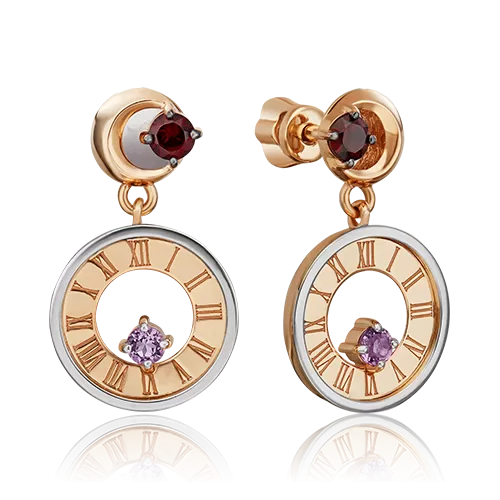Серьги-пусеты «Импульс» из комбинированного золота с гранатом и аметистом 02-4758-00-257-1111-75