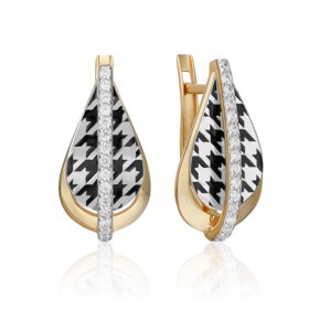 Серьги с принтом «Гусиная лапка» из комбинированного золота с фианитами и эмалью 02-5204-00-401-1121